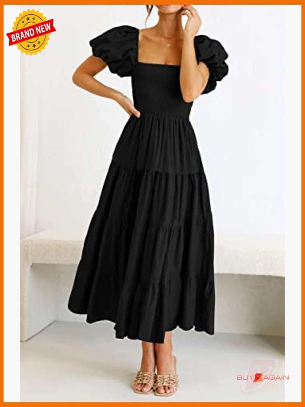 Smocked Midi Dress Puffy Short Sleeve Square Neck Tiered Ruffle A-Line Fit Flare - Picture 3 of 6
